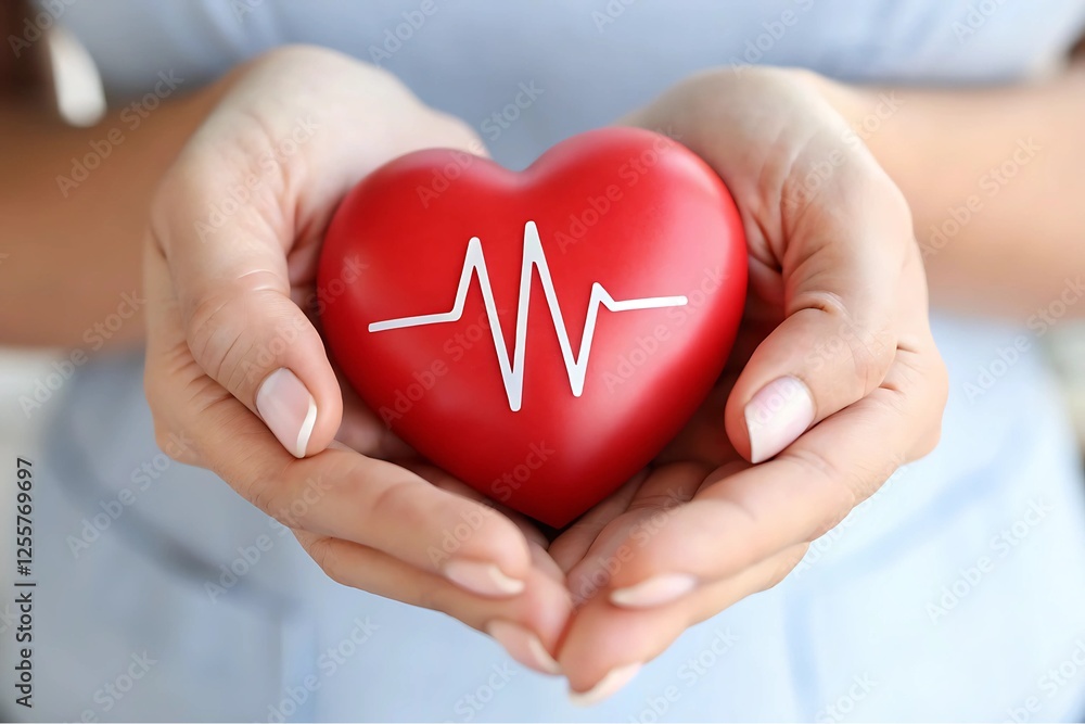 Fototapeta premium Hands Holding a Heart-Shaped Object with ECG Line, Symbolizing Heart Health and Care