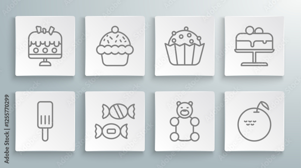 Set line Ice cream, Cupcake, Candy, Jelly bear candy, Apple, Cake on plate and icon. Vector Set line Ice cream, Cupcake, Candy, Jelly bear candy, Apple, Cake on plate and icon. Vector