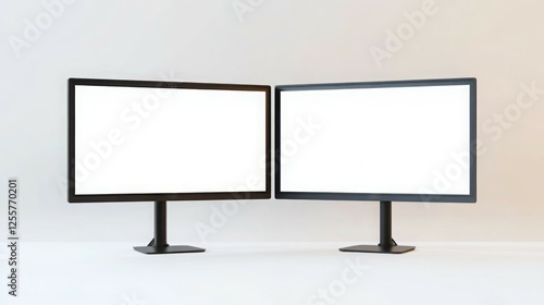 Dual Computer Monitors with Blank White Screens on Desk