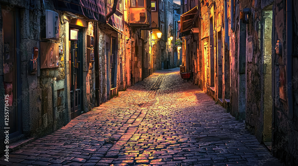 Fototapeta premium Serene cobblestone alleyway illuminated by street lamps at dusk, evoking a peaceful atmosphere