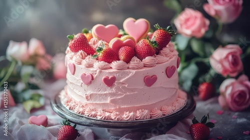 Wallpaper Mural Delightful Pink Cake with Strawberries and Hearts Torontodigital.ca