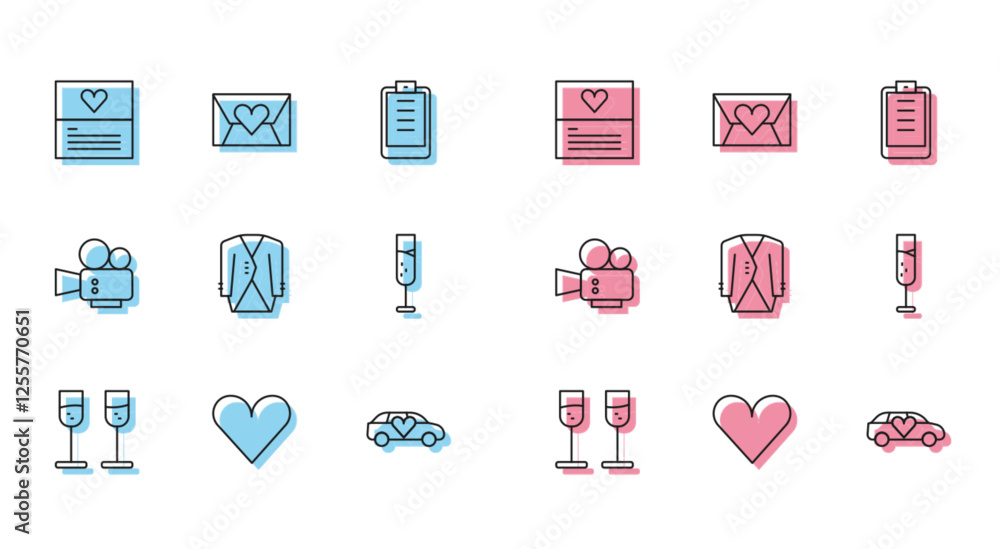 Set line Glass of champagne, Heart, Greeting card, Limousine, Suit, Cinema camera and Envelope with Valentine heart icon. Vector Set line Glass of champagne, Heart, Greeting card, Limousine, Suit, Cinema camera and Envelope with Valentine heart icon. Vector