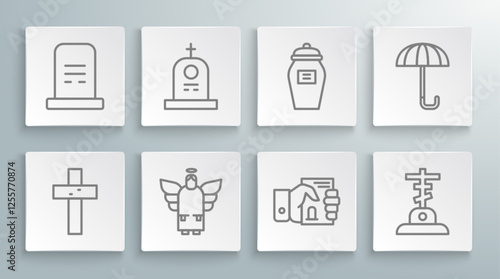 Set line Christian cross, Grave with tombstone, Christmas angel, Death certificate in hand, Funeral urn, Umbrella and icon. Vector