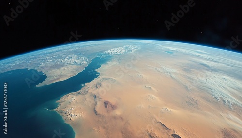 Aerial view of earth from space showing vast desert and ocean contrast