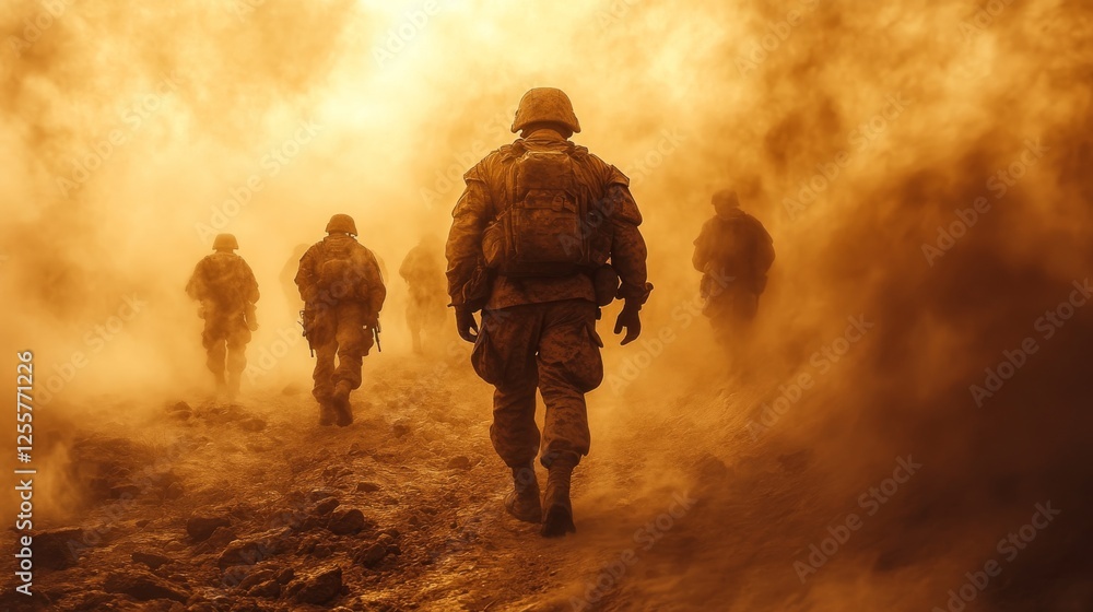 Fototapeta premium Soldiers Marching Through Dust and Smoke: A Grim Scene of Perseverance and Duty in the Midst of Desert Warfare Operations, Facing the Unforeseen Challenges Ahead