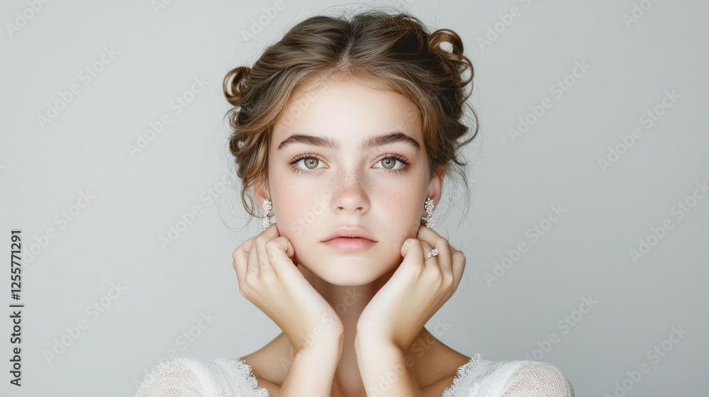 Studio Portrait Of Young Woman With Updo Hairstyle Studio Portrait Of Young Woman With Updo Hairstyle