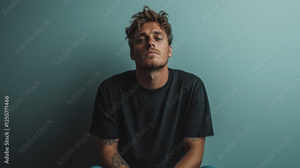 Obraz premium A young man exudes confidence while sitting against a blue wall, portraying a modern and stylish aesthetic with an emphasis on contemporary fashion choices.