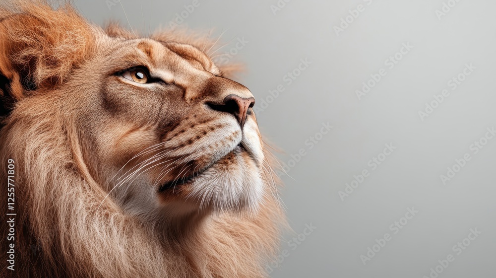 Fototapeta premium A majestic lion is captured in profile, with its mane beautifully illuminated against a soft background, emphasizing its regal demeanor and grace.