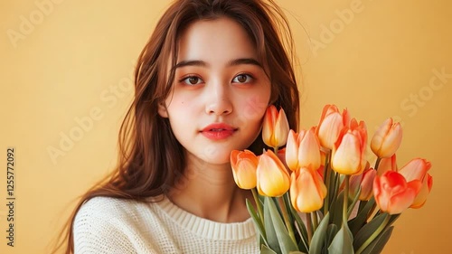 This young woman poses with a bouquet of fresh orange and yellow tulips, smiling gently.