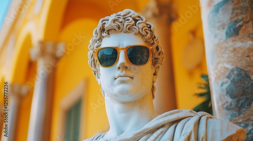 Playful interpretation of ancient greek statue wearing sunglasses in modern setting