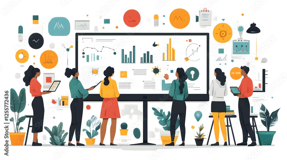 Team of innovators sharing creative concepts using virtual collaborative tools, flat vector style Team of innovators sharing creative concepts using virtual collaborative tools, flat vector style