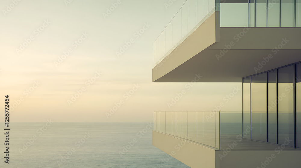 Fototapeta premium A coastal modern home with terraces overlooking the ocean framed by sleek glass panels and soft beige tones.