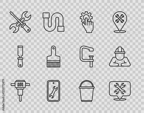 Set line Construction jackhammer, Location with wrench, Settings in the hand, Mobile service, Screwdriver, Paint brush, Bucket and Builder icon. Vector