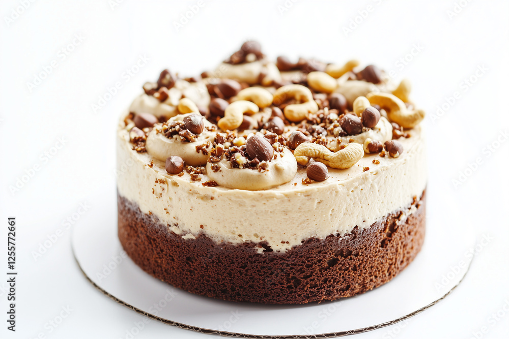 Mixed nut cake isolated on white background, Selective focus cashew nut cake with cream on white background. Mixed nut cake isolated on white background, Selective focus cashew nut cake with cream on white background.