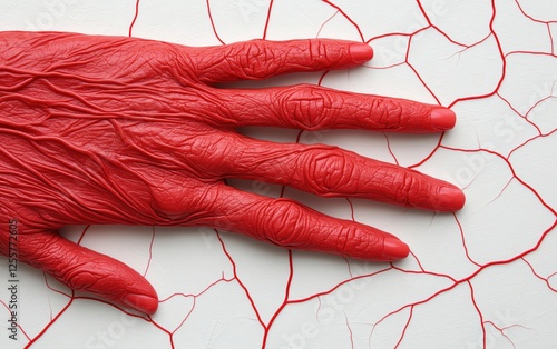 Artistic representation of a red hand on cracked surface symbolizing emotions and vitality. photo