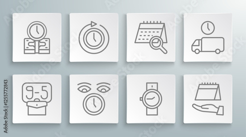 Set line From 9, Clock with arrow, Wrist watch, Calendar, search, Delivery time and Time money icon. Vector