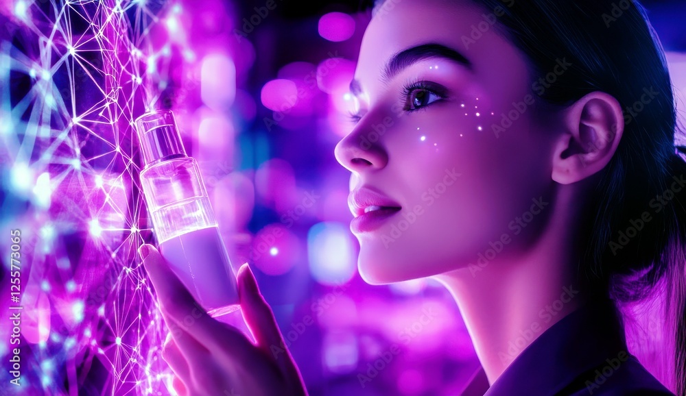 Captivating Portrait of Young Woman with Skincare Bottle in Neon Lights and Digital Effects Creating a Futuristic Beauty Aesthetic Captivating Portrait of Young Woman with Skincare Bottle in Neon Lights and Digital Effects Creating a Futuristic Beauty Aesthetic
