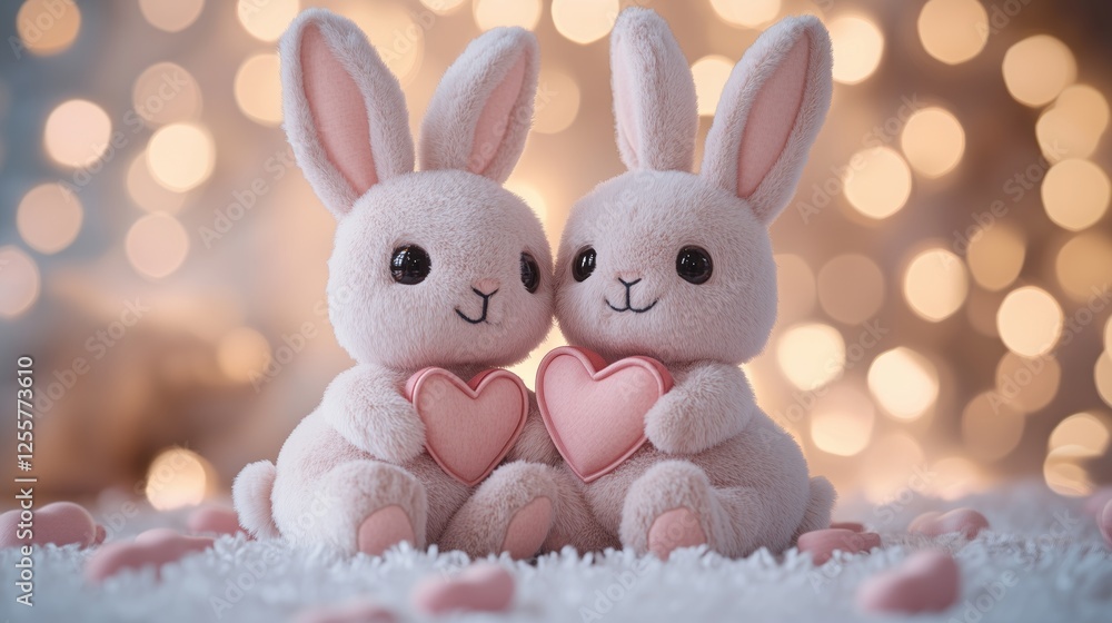 Obraz premium Plush bunny couple with hearts for romantic gift ideas or valentine's day decor