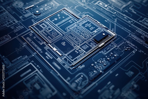 Wallpaper Mural A close-up view of a circuit board featuring intricate designs and a prominent microchip on a blue background. Torontodigital.ca