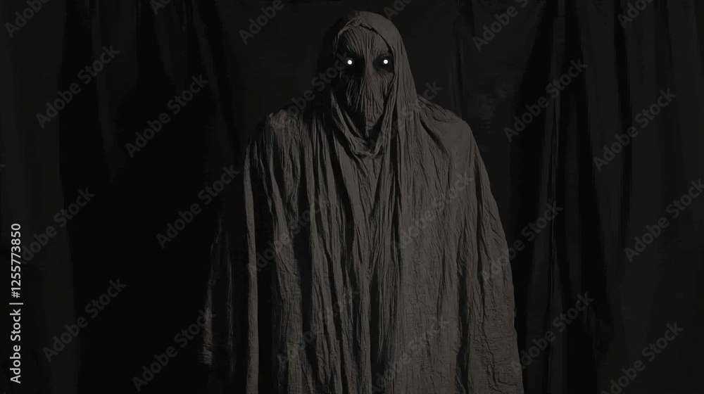 Ominous, Shrouded Figure in Dark Cloak Standing Against Black Background with Ominous Presence Ominous, Shrouded Figure in Dark Cloak Standing Against Black Background with Ominous Presence