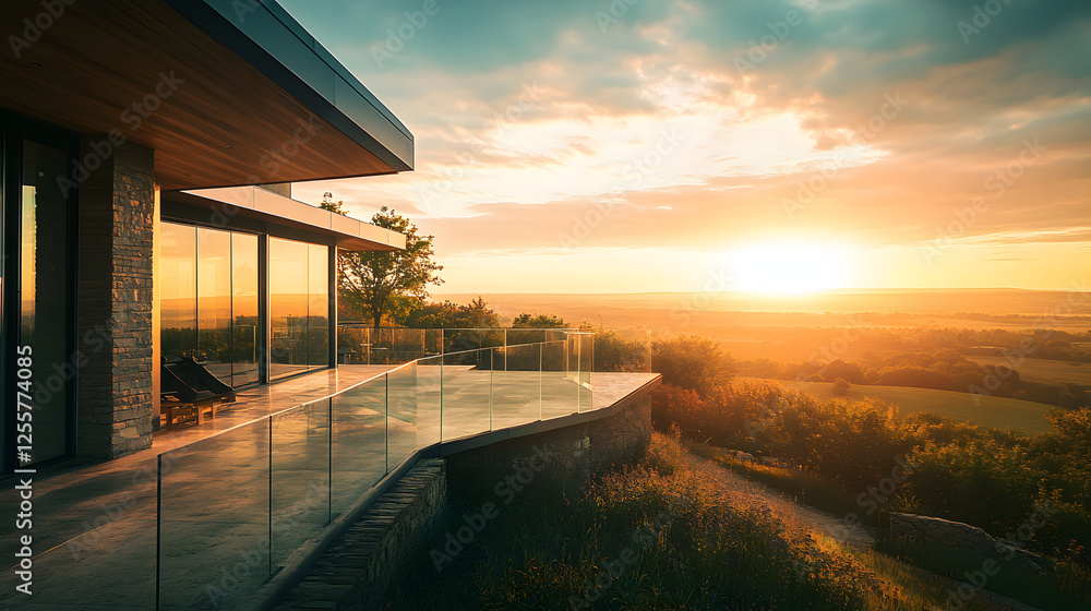 A contemporary house showcasing spacious terraces with glass railings overlooking a serene landscape at sunrise. A contemporary house showcasing spacious terraces with glass railings overlooking a serene landscape at sunrise.