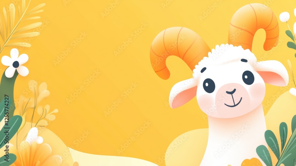 Playful Cartoon Sheep with Curly Horns Surrounded by Colorful Flowers on Bright Yellow Background Playful Cartoon Sheep with Curly Horns Surrounded by Colorful Flowers on Bright Yellow Background
