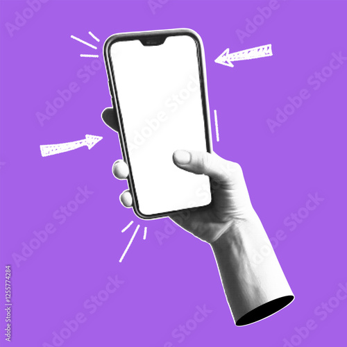 Human hand with a smartphone. Trendy collage banner with hand holding mobile phones. Modern art with halftone effects. Vector pop art illustration.