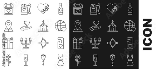 Set line Woman dress, Please do not disturb with heart, The world love, Candy in shaped box and bow, Heart on hand, Map pointer, Calendar and Church building icon. Vector