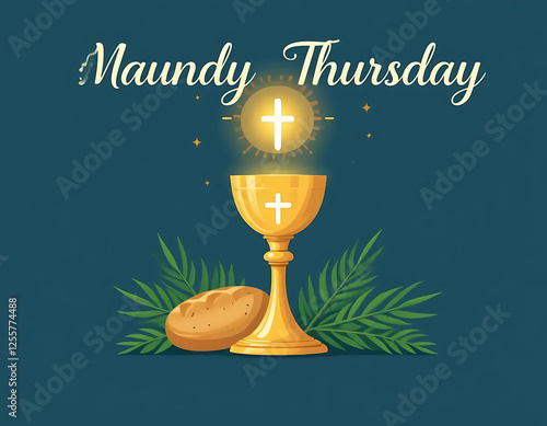 Maundy Thursday Illustration with Chalice, Bread, and Palm Leaves photo