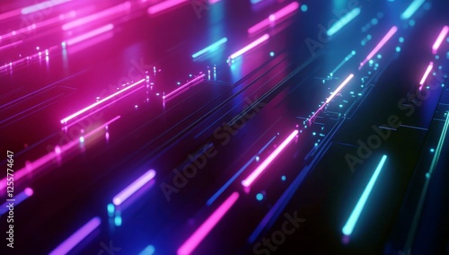 Vibrant Neon Light Trails on a Dark Background Creating a Futuristic and Abstract Digital Landscape with Illumination and Motion Effects