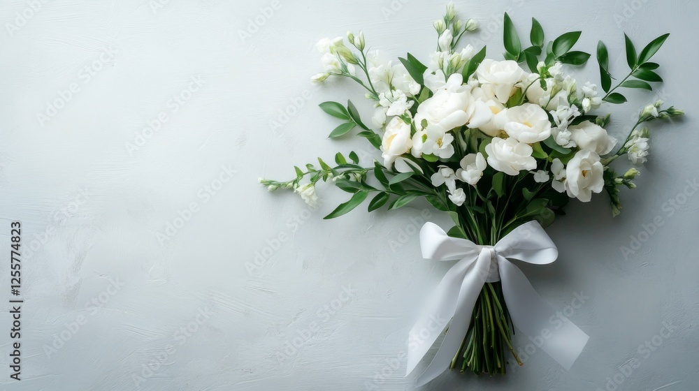 Obraz premium White Wedding Bouquet with Greenery on Textured Background