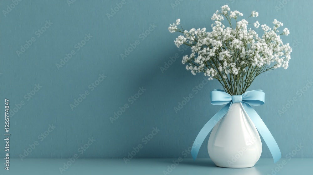 Fototapeta premium White Baby's Breath in a White Vase with Blue Ribbon Against a Teal Background