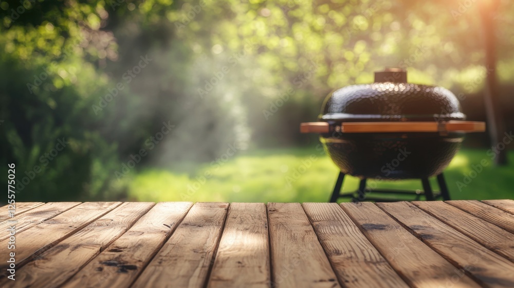 BBQ grill in garden backyard background with empty wooden rustic table. Wood table in foreground and barbecue grill green yard backdrop BBQ grill in garden backyard background with empty wooden rustic table. Wood table in foreground and barbecue grill green yard backdrop