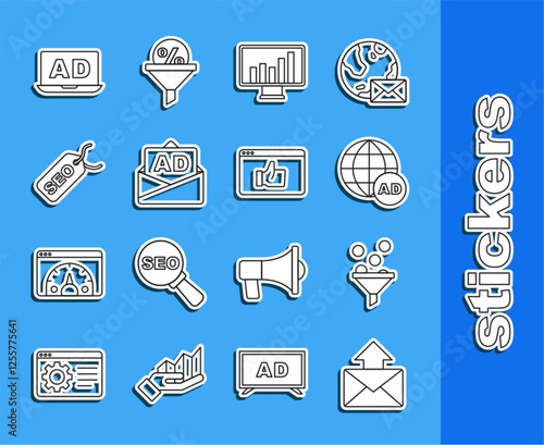 Set line Mail and e-mail, Lead management, Advertising, Monitor with graph chart, SEO optimization, and Customer product rating icon. Vector