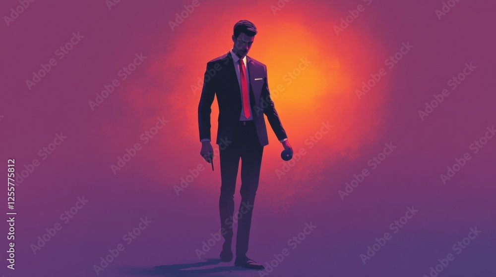 Silhouette of a Businessman in a Suit Standing Alone Against a Dramatic Orange and Purple Background Silhouette of a Businessman in a Suit Standing Alone Against a Dramatic Orange and Purple Background
