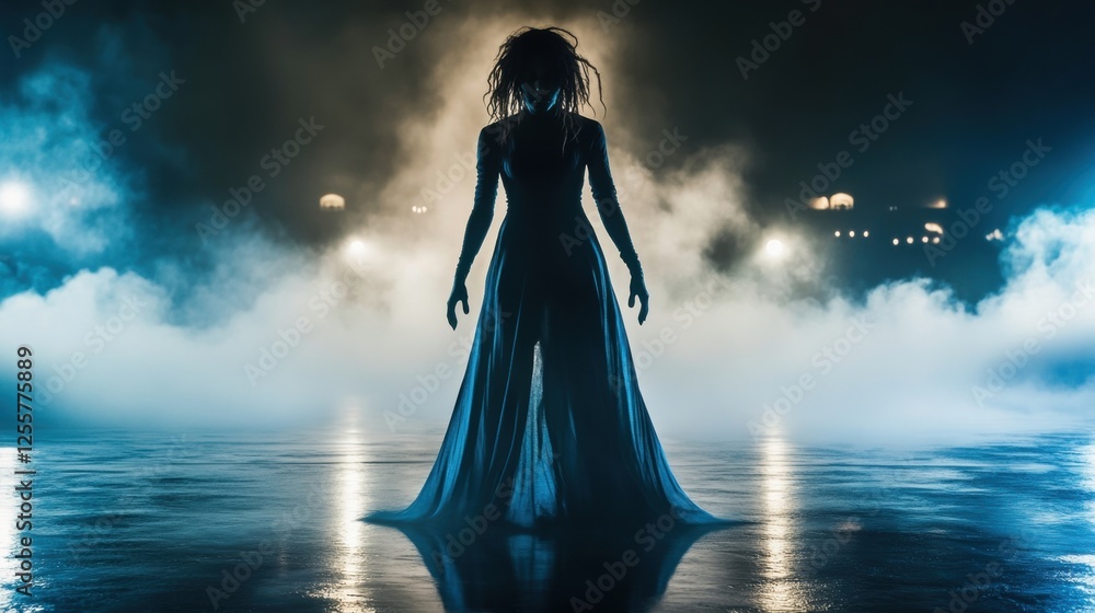 Silhouette of a Mysterious Woman in an Elegant Gown Against a Foggy Night Background on Stage Silhouette of a Mysterious Woman in an Elegant Gown Against a Foggy Night Background on Stage