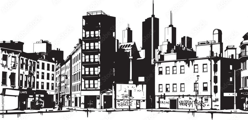 Fototapeta premium City landscape. Line urban backdrop. Different buildings on street, outline cityscape hand sketch, flat houses. Hand drawn vector illustration