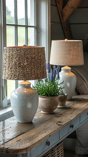 Rustic Farmhouse Decor Textured Lamps Potted Lavender on Wooden Console Table