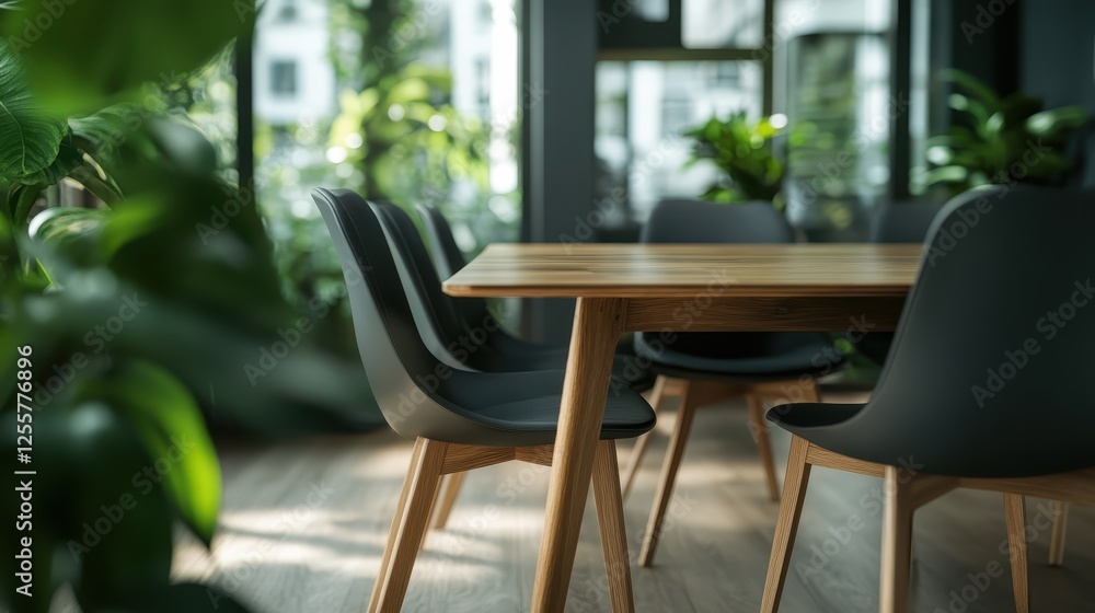 Fototapeta premium A stylish dining area featuring modern furniture and lush greenery, illuminated by natural light, creating an inviting atmosphere perfect for gatherings and relaxation.