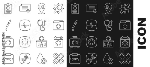 Set line Crossed bandage plaster, Doctor appointment, Patient record, Location hospital, Heart rate, Pipette, and Stethoscope icon. Vector