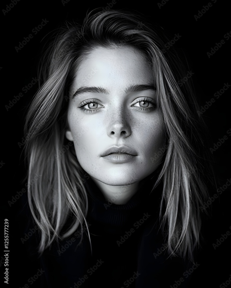 Elegant black and white portrait of a self assured stoic female subject her gaze conveying an unwavering determination captured in a classic studio environment with a muted high key lighting setup Elegant black and white portrait of a self assured stoic female subject her gaze conveying an unwavering determination captured in a classic studio environment with a muted high key lighting setup