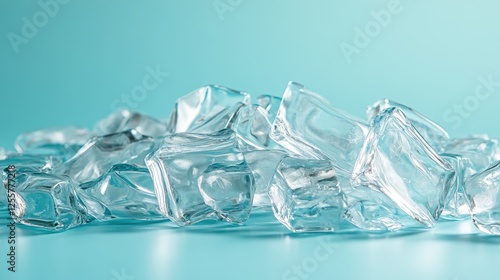 This fresh image illustrates crystal clear ice cubes scattered on a teal background, creating a refreshing and cool visual ideal for summer or beverage themes.