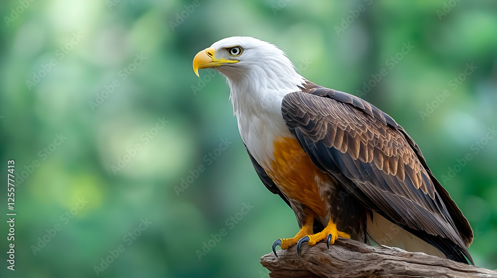Obraz premium Majestic Bald Eagle perched on branch, forest background, wildlife photography, nature documentary