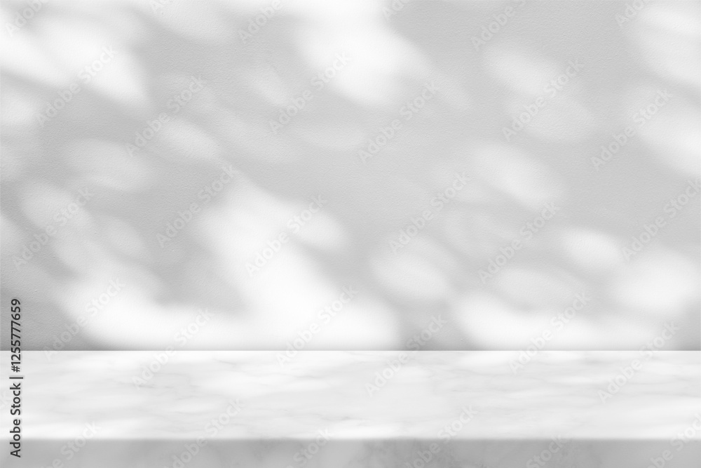 White Marble Table with Tree Shadow in the Garden on Concrete Wall Texture Background White Marble Table with Tree Shadow in the Garden on Concrete Wall Texture Background