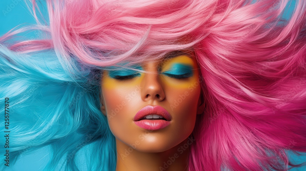 This image showcases a model with stunning, vibrant hair in pink and blue, combined with striking makeup, capturing a sense of artistic beauty and playful self-expression. This image showcases a model with stunning, vibrant hair in pink and blue, combined with striking makeup, capturing a sense of artistic beauty and playful self-expression.