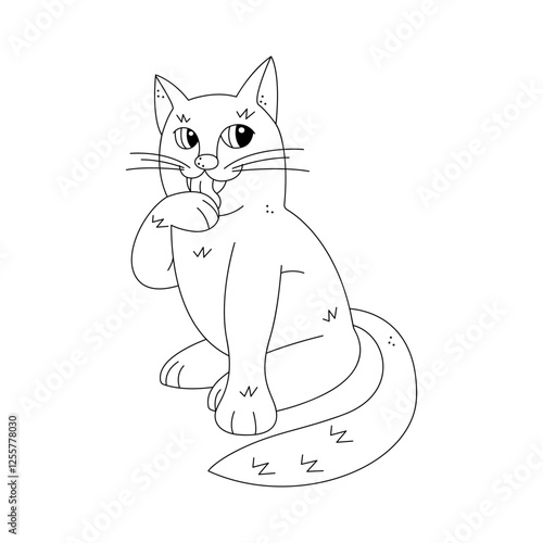 Cute cat lick a paw. Hand drawn clip art for your project.