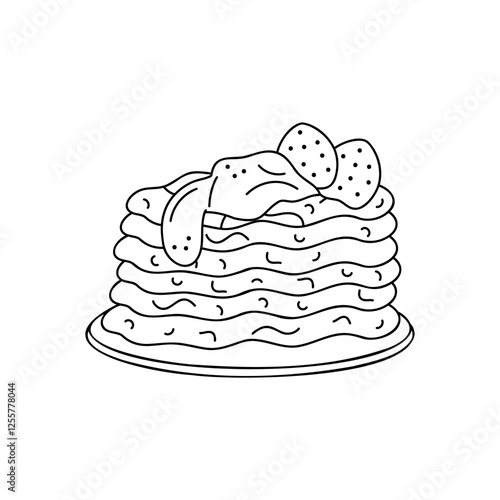 Stack of pancakes with strawberries and cream on a plate. Hand drawn clip art for your project.