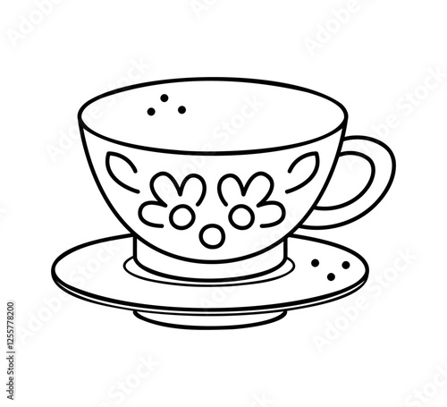 Patterned cup and saucer. Hand drawn clip art for your project.