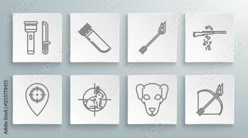 Set line Hunt place, Quiver with arrows, on rabbit crosshairs, Hunting dog, Bow and fire, Flame, Gun shooting and Flashlight knife icon. Vector