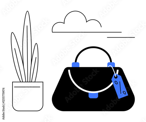 Handbag with price tag and blue accents next to a potted plant under a cloudy sky. Ideal for fashion, shopping, sales, nature, minimalism, lifestyle, retail. Abstract line flat metaphor